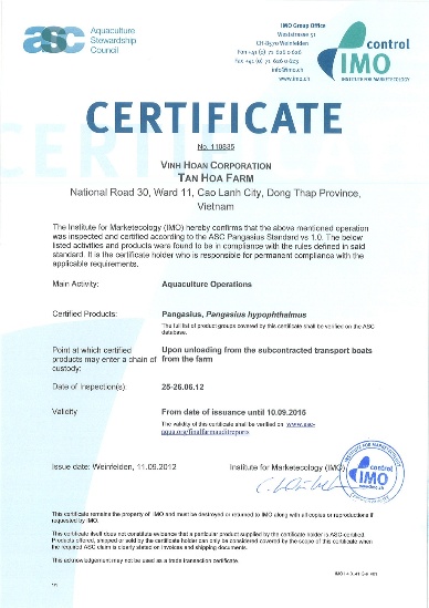 Vinh Hoan received the worlds first ASC certificate for farmed-pangasius