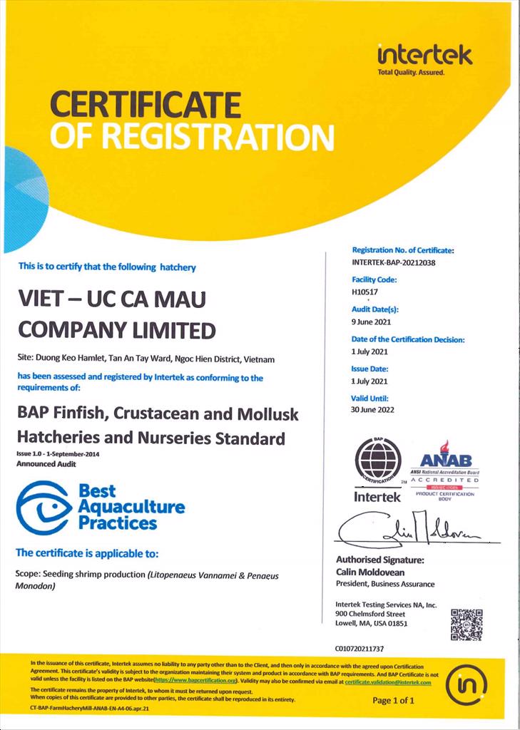 Viet Uc  Ca Mau company received international  certification of BAP